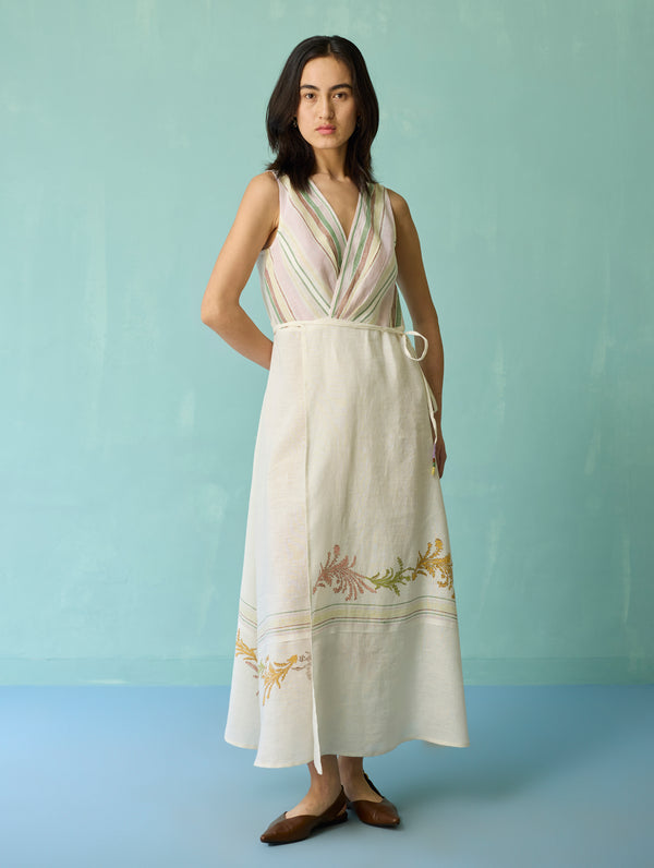 Sira Border Linen Floral Wrap Dress - Ivory