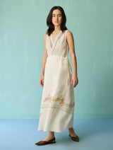 Sira Border Linen Floral Wrap Dress - Ivory