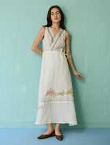Sira Border Linen Floral Wrap Dress - Ivory