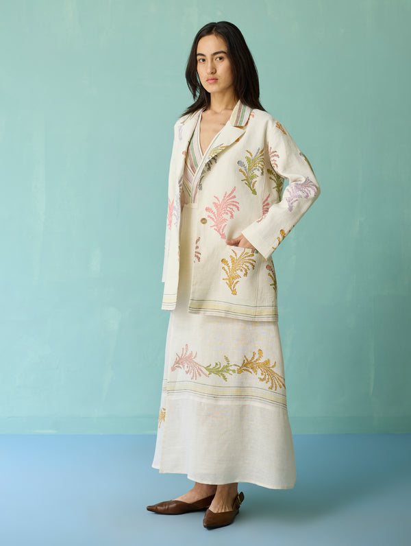Sira Border Linen Floral Co-ord Set - Ivory