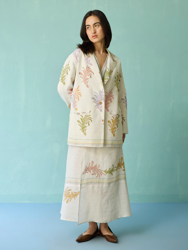 Sira Border Linen Floral Co-ord Set - Ivory
