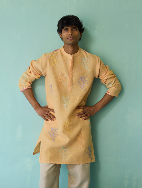 Haruto Hand-Embroidered Floral Kurta - Apricot