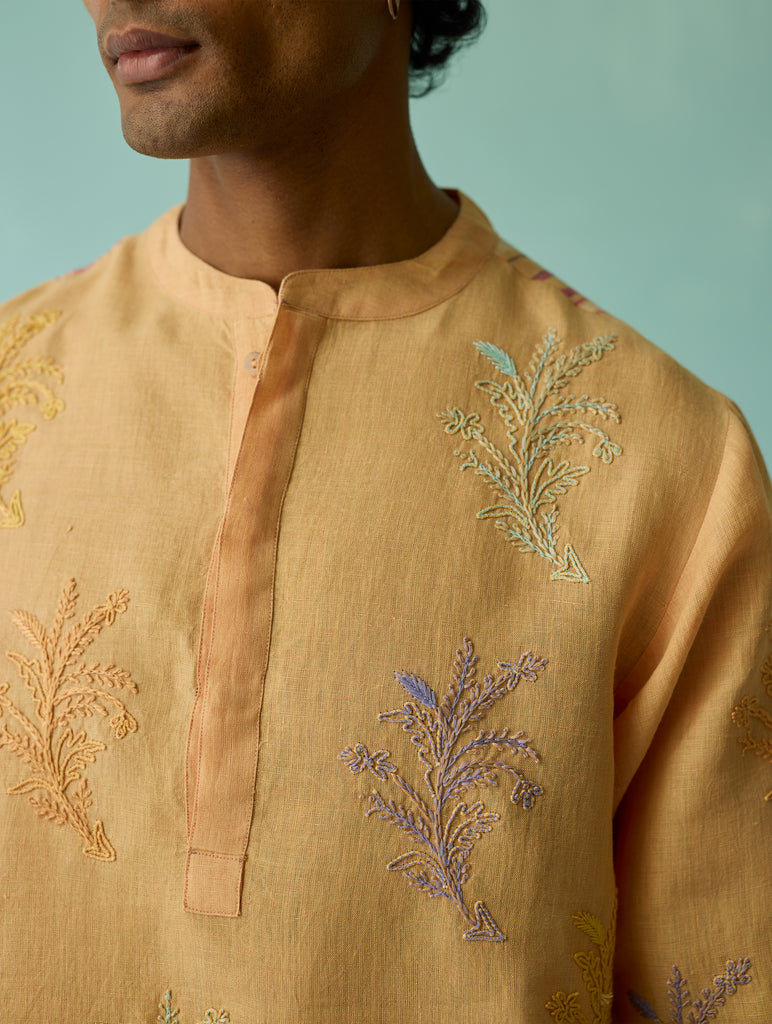 Haruto Hand-Embroidered Floral Kurta - Apricot