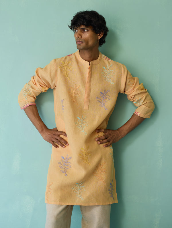 Haruto Hand-Embroidered Floral Kurta - Apricot
