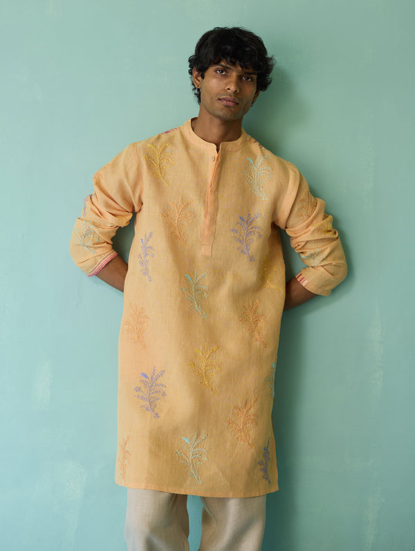 Haruto Hand-Embroidered Floral Kurta - Apricot