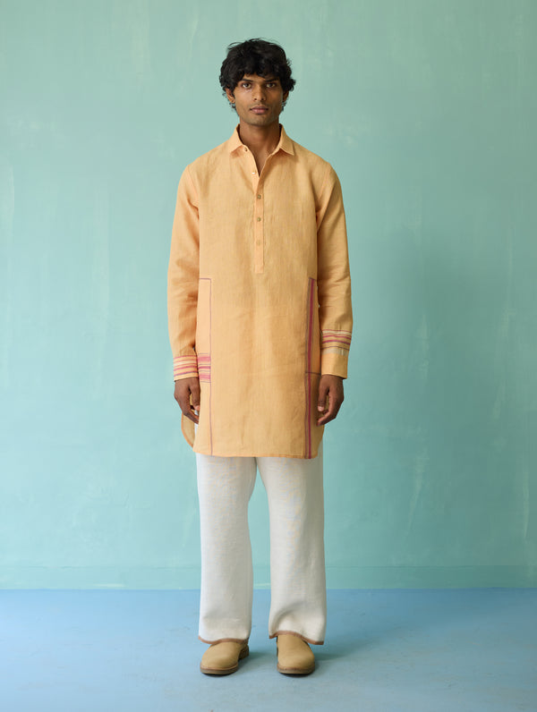 Briar Collar Border Linen Kurta - Apricot