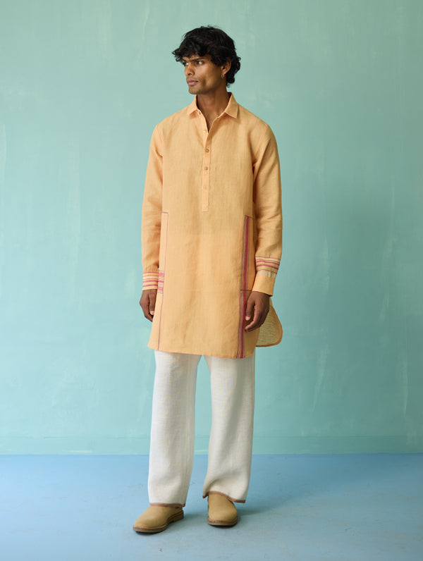 Briar Collar Border Linen Kurta - Apricot