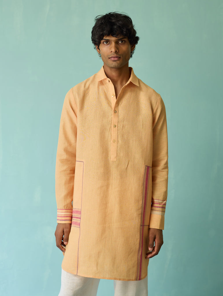 Briar Collared Border Linen Kurta Set - Apricot