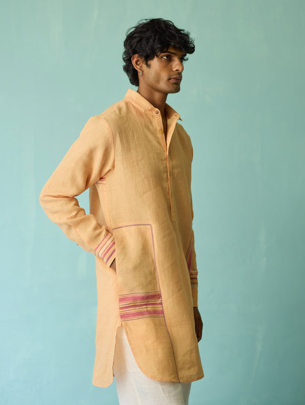 Briar Collar Border Linen Kurta - Apricot