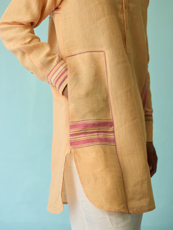 Briar Collar Border Linen Kurta - Apricot