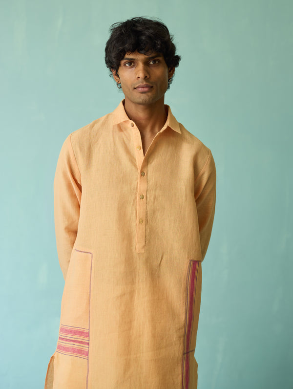 Briar Collar Border Linen Kurta - Apricot