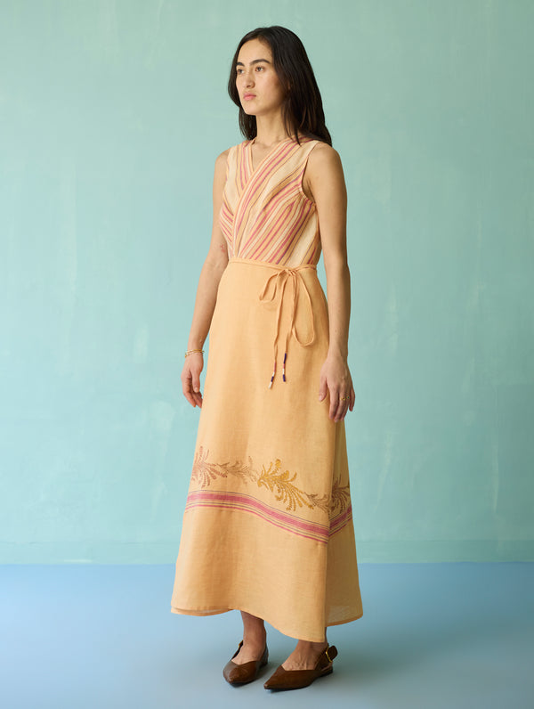 Sira Border Linen Floral Wrap Dress - Apricot