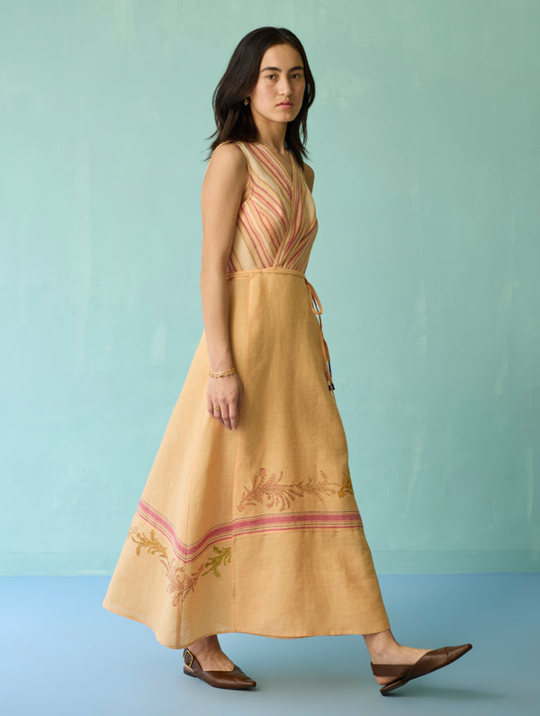 Sira Border Linen Floral Wrap Dress - Apricot