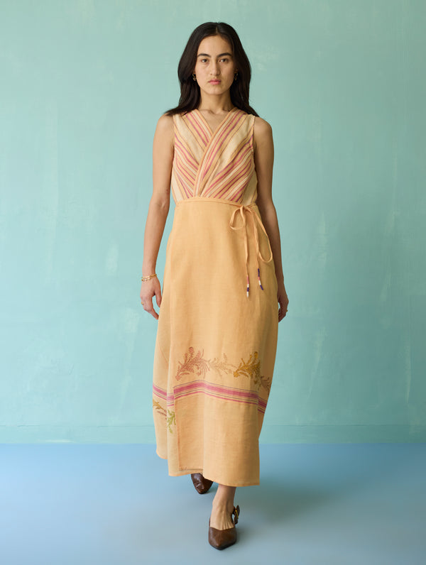 Sira Border Linen Floral Wrap Dress - Apricot