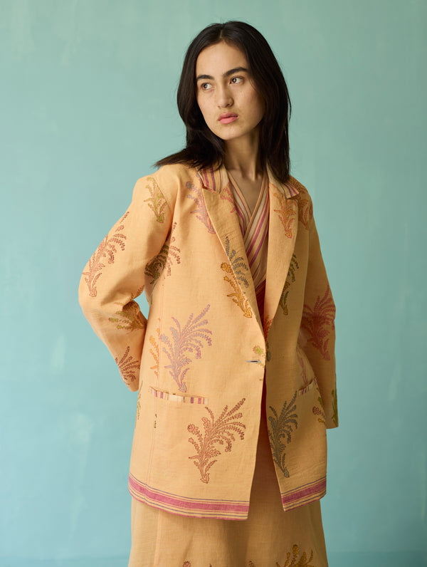 Arya Block Printed Floral Blazer - Apricot