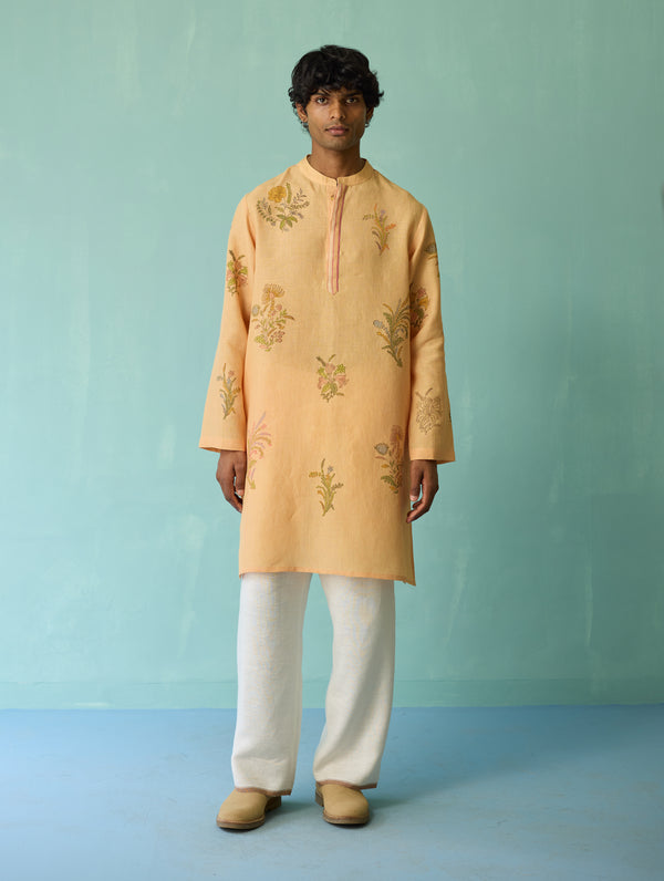 Farhan Block-Printed Floral Kurta - Apricot