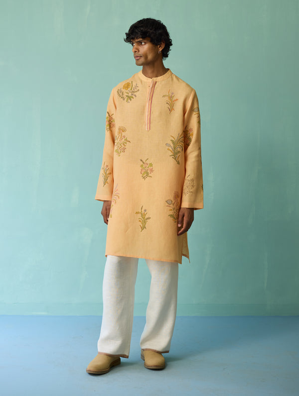 Farhan Block-Printed Floral Kurta - Apricot