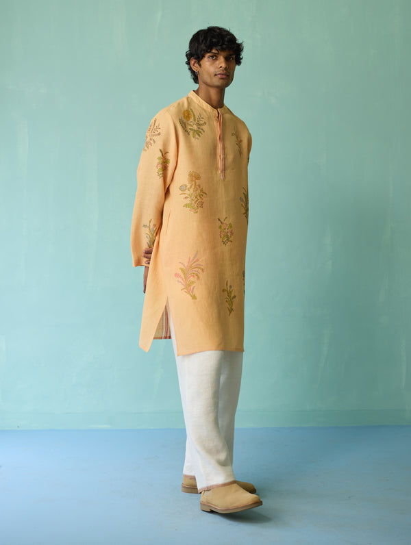 Farhan Block-Printed Floral Kurta - Apricot