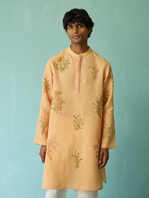 Farhan Block-Printed Floral Kurta - Apricot