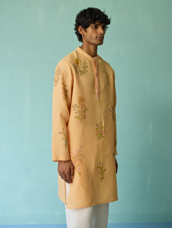 Farhan Block-Printed Floral Kurta - Apricot