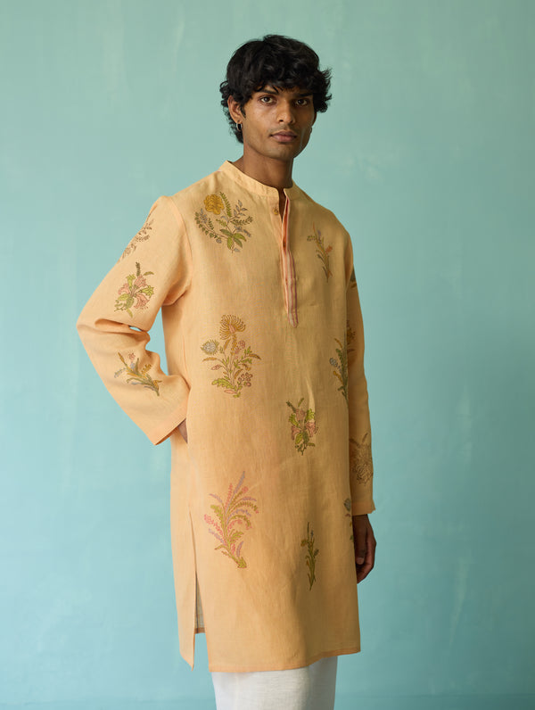 Farhan Block-Printed Floral Kurta - Apricot
