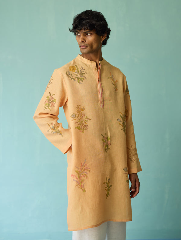 Farhan Block-Printed Floral Kurta - Apricot