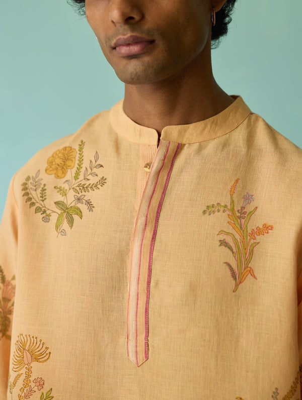 Farhan Block-Printed Floral Kurta Set - Apricot