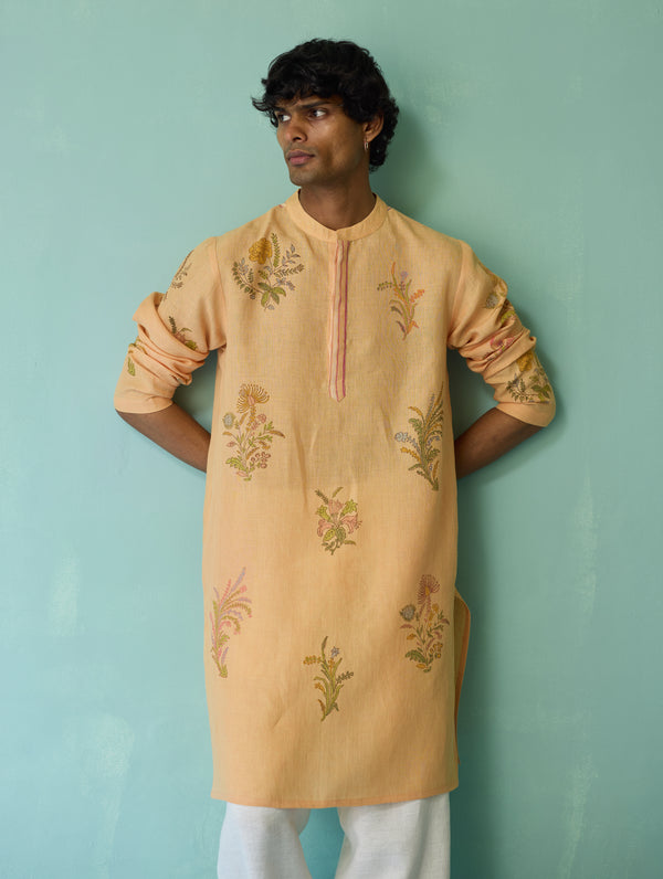 Farhan Block-Printed Floral Kurta - Apricot