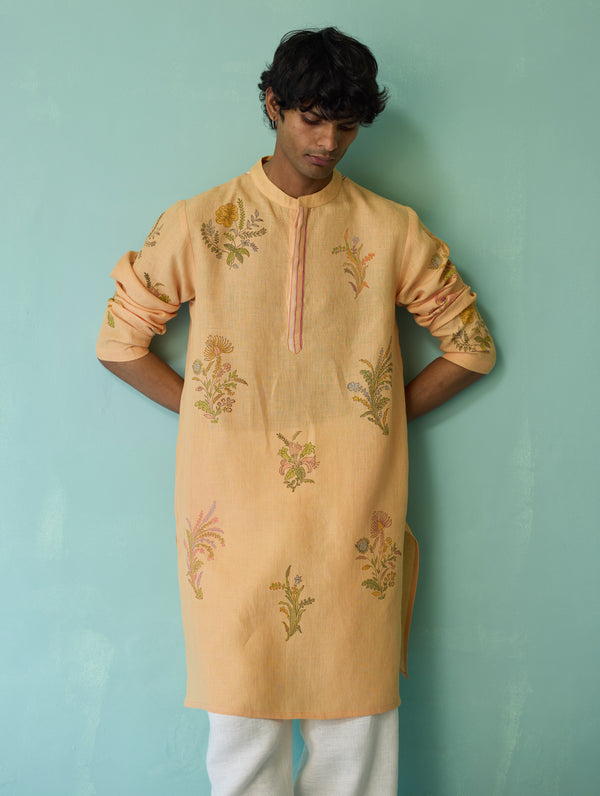 Farhan Block-Printed Floral Kurta - Apricot