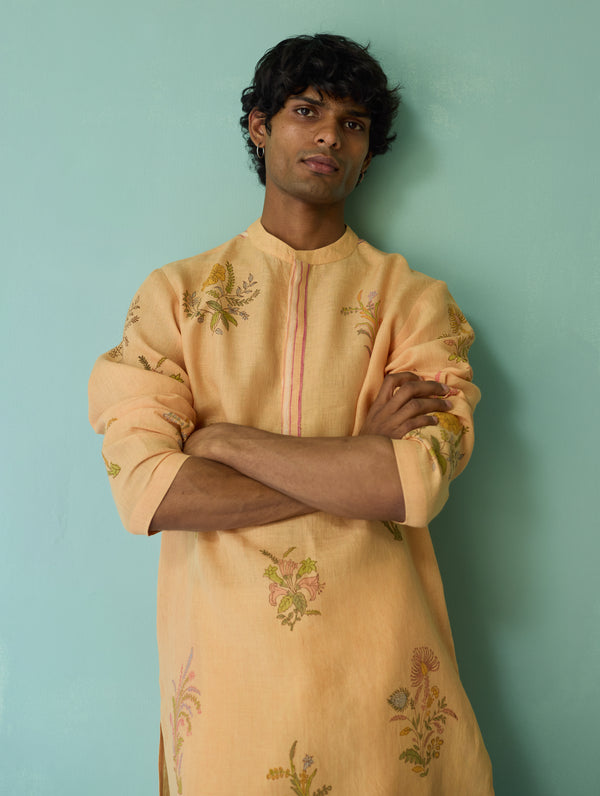 Farhan Block-Printed Floral Kurta - Apricot