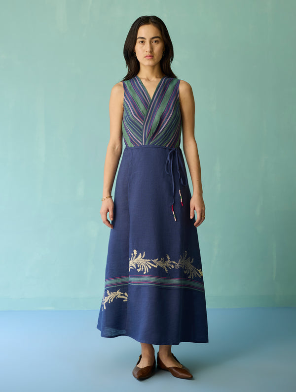 Sira Border Linen Floral Wrap Dress - Indigo