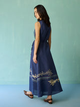 Sira Border Linen Floral Wrap Dress - Indigo