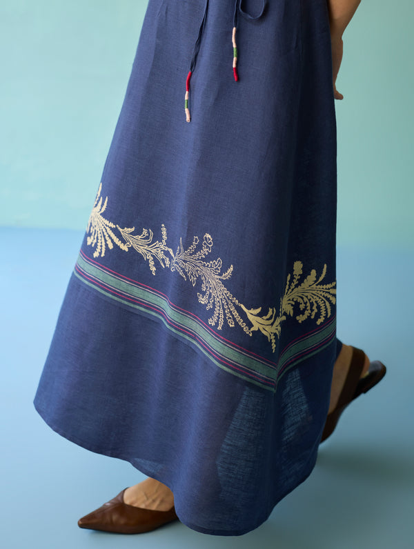 Sira Border Linen Floral Wrap Dress - Indigo
