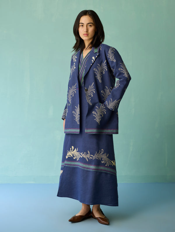 Arya Block Printed Floral Blazer - Indigo