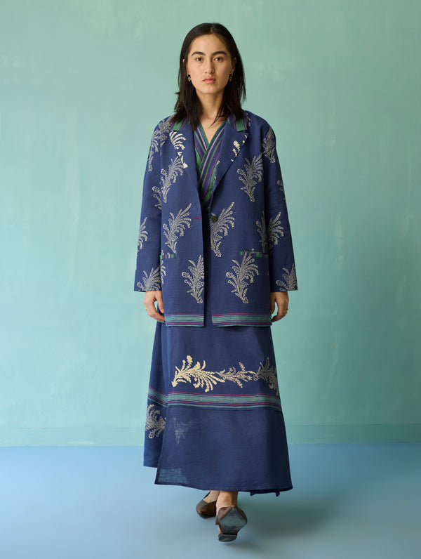 Arya Block Printed Floral Blazer - Indigo