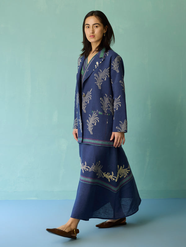 Arya Block Printed Floral Blazer - Indigo