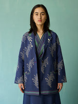 Arya Block Printed Floral Blazer - Indigo