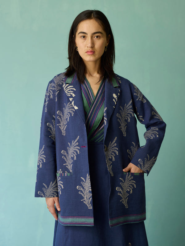 Arya Block Printed Floral Blazer - Indigo
