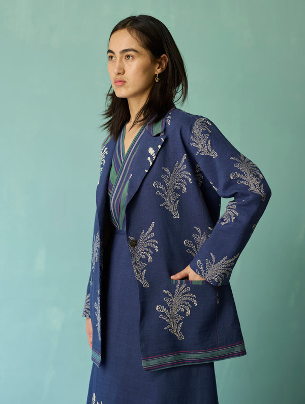 Arya Block Printed Floral Blazer - Indigo