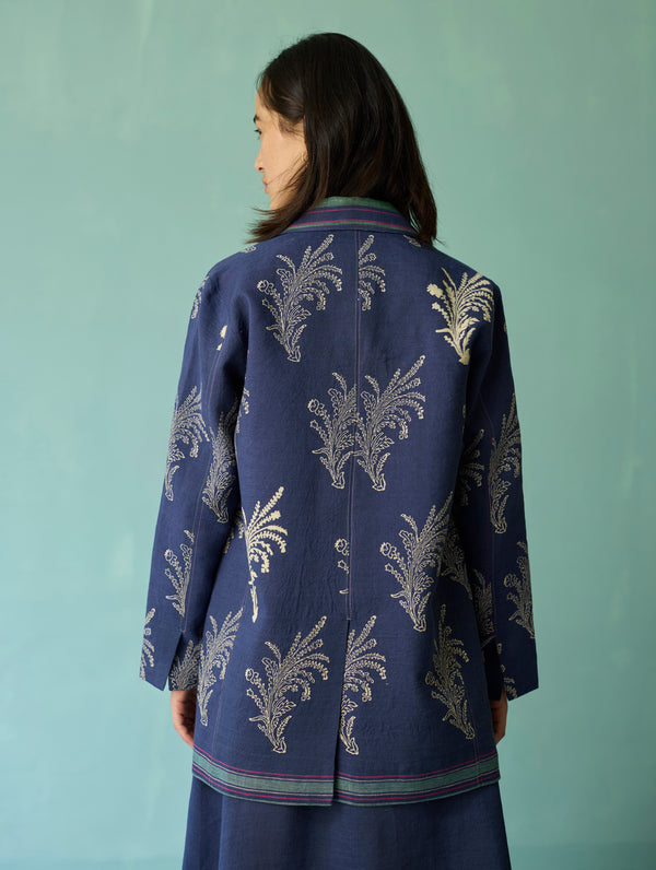 Arya Block Printed Floral Blazer - Indigo
