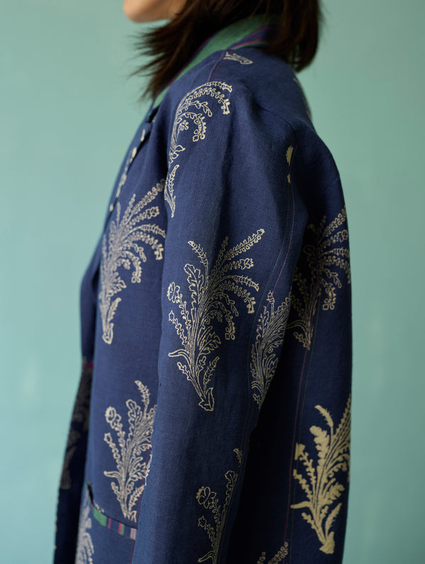 Arya Block Printed Floral Blazer - Indigo