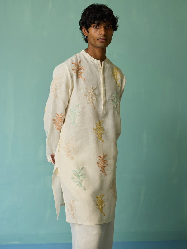 Haruto Hand-Embroidered Floral Kurta - Ivory
