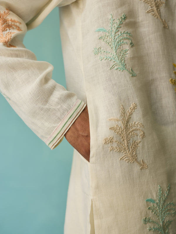 Haruto Hand-Embroidered Floral Kurta Set - Ivory