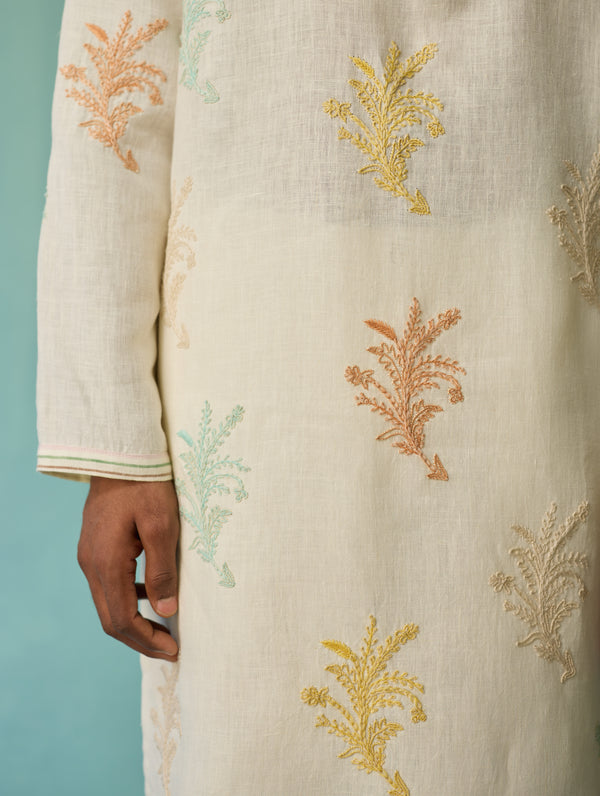 Haruto Hand-Embroidered Floral Kurta - Ivory