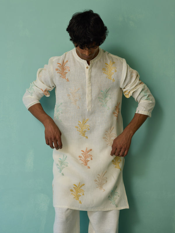 Haruto Hand-Embroidered Floral Kurta - Ivory