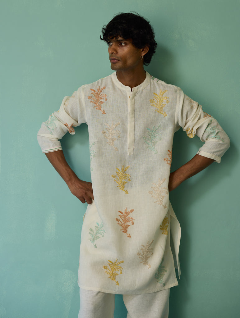 Haruto Hand-Embroidered Floral Kurta Set - Ivory