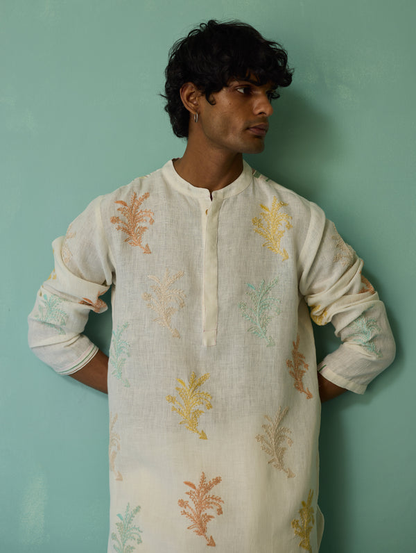 Haruto Hand-Embroidered Floral Kurta Set - Ivory