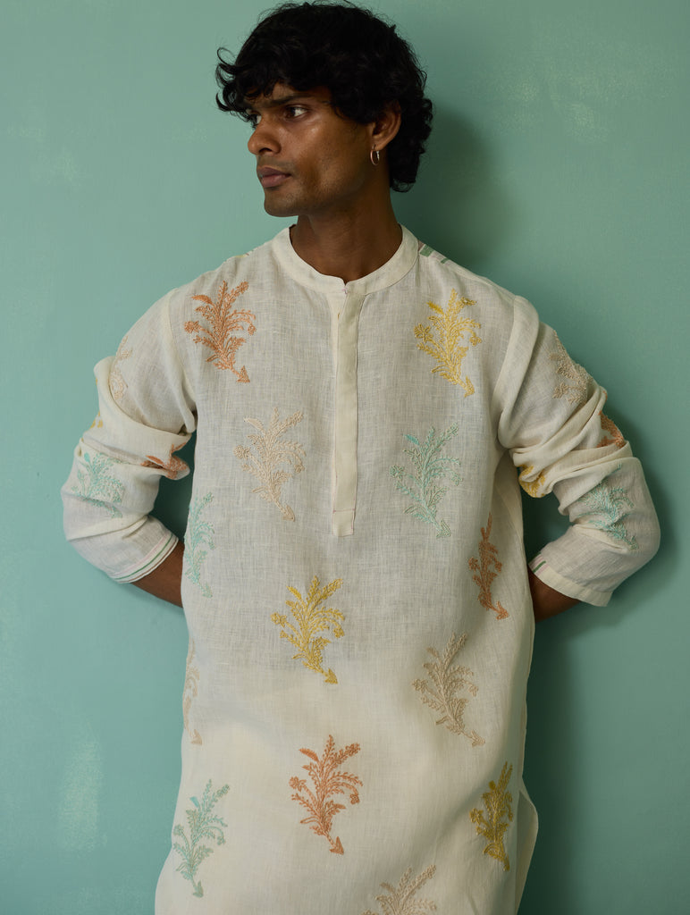 Haruto Hand-Embroidered Floral Kurta - Ivory