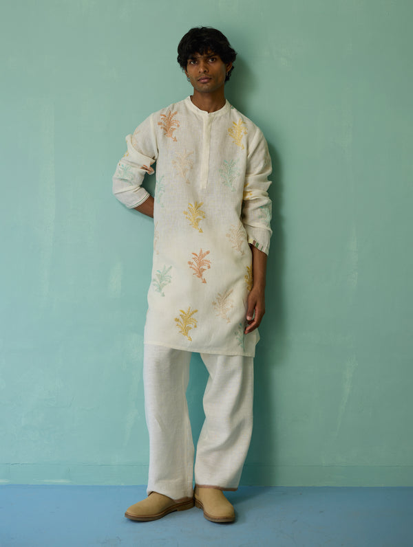 Haruto Hand-Embroidered Floral Kurta - Ivory