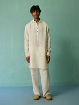 Briar Collared Border Linen Kurta Set - Ivory